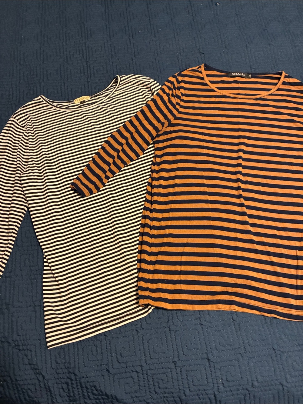 Nuggles Women’s 3/4-Sleeve Striped Tee in Orange/Navy +Black/White
